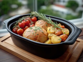 Freshly prepared vegetable dish featuring roasted potatoes, cherry tomatoes, and herbs, served in a black ceramic dish on a wooden board, showcasing vibrant colors and appetizing textures