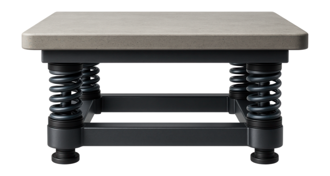 Anti-vibration table with a concrete top and steel coil springs for heavy machinery calibration in factories.