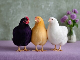 Colorful chickens, including black, yellow, and white varieties, stand together on a purple surface, showcasing their unique feathers and charming personalities in a homestead-style setting