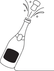 Champagne Bottle with Shooting Cork Celebration Line Drawing on White