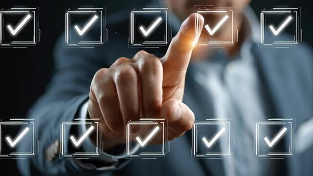 Digital procurement technology featuring touchscreen checkmark selection for approval and success business process driving efficient decision making