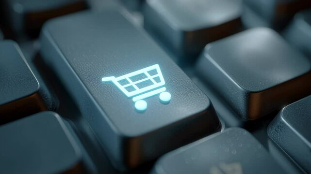 Digital procurement shopping cart key keyboard symbolizing online purchase with glowing icon and modern e commerce technology for seamless business