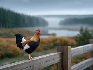 Colorful rooster standing proudly on wooden fence, overlooking serene landscape with misty lake and lush greenery, embodying rustic charm and homestead lifestyle