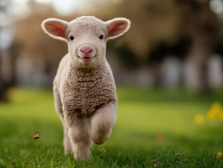 Adorable young lamb with fluffy wool running joyfully across a vibrant green meadow, surrounded by blooming flowers and soft sunlight, capturing the essence of rural life and nature's beauty