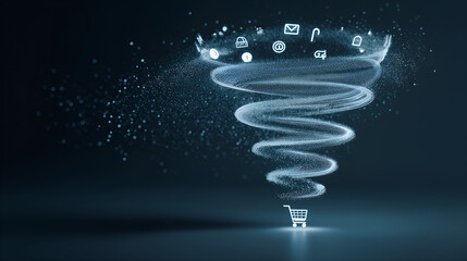 E-commerce Vortex: A swirling vortex of digital icons and data flows into a shopping cart, symbolizing the rapid and dynamic nature of online commerce. 