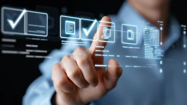 Digital procurement process with hand selecting checkmark virtual screen driving business success through innovative technology and seamless digital
