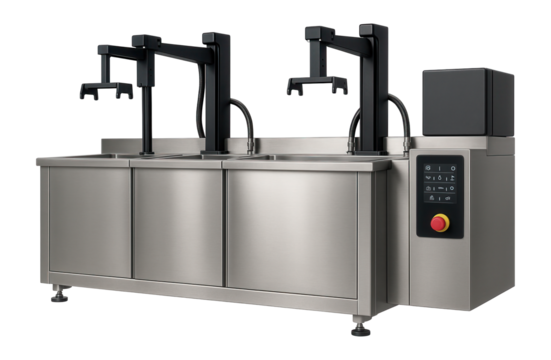 Multi-tank ultrasonic cleaning system with automated lifting mechanisms and PLC controls for large-scale industrial applications.