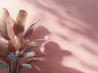 Lush tropical leaves in soft pastel colors cast shadows on a pink wall, creating a serene and calming atmosphere, perfect for summer decor and relaxation themes
