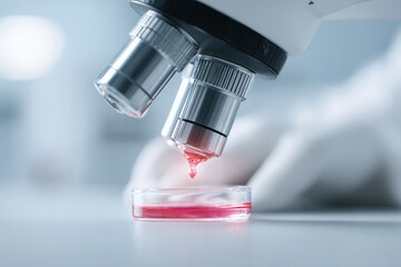 Closeup of a microscope examining a red liquid sample. Represents scientific research, medical advancement, and innovation. Perfect for sciencehealthcare content.