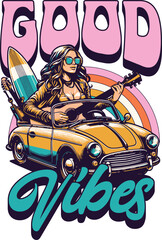 Woman playing guitar in convertible with surfboard and rainbow vector