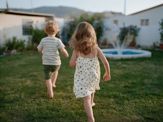 Two children running barefoot across a sunlit garden, with a small fountain and greenery in the background, enjoying a warm summer day during a heatwave