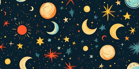 A seamless pattern of gold and silver moons and stars on a black background