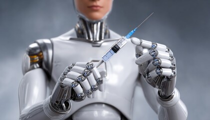 Robot doctor holding syringe containing vaccine
