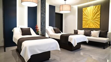 View of a spa room with two massage beds, a couch, and a large yellow artwork on the wall area