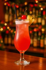 Vibrant Cocktail Served With Cherry and Pineapple in a Lively Bar Atmosphere