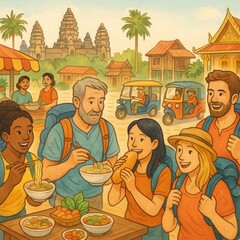 digital illustration showing a diverse group of backpackers exploring Cambodia. enjoying traditional Khmer street food near a bustling market. Angkor Wat in background