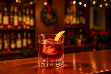 Cocktail With Lemon Twist Served on Wooden Bar During Festive Season