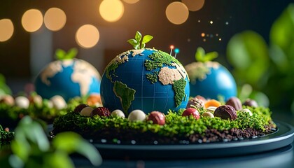 Three miniature globes, Earth, nestled in greenery, surrounded by chocolates