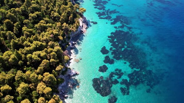 Mamma Mia Movie Location &mdash; Iconic Kastani Beach Aerial View. Famous Turquoise Bay and Pine Trees, Skopelos Island, Greece.