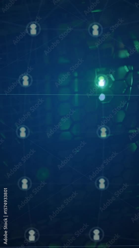 Poster animation of grid network of ai chatbot icons rotating over dark computer server room