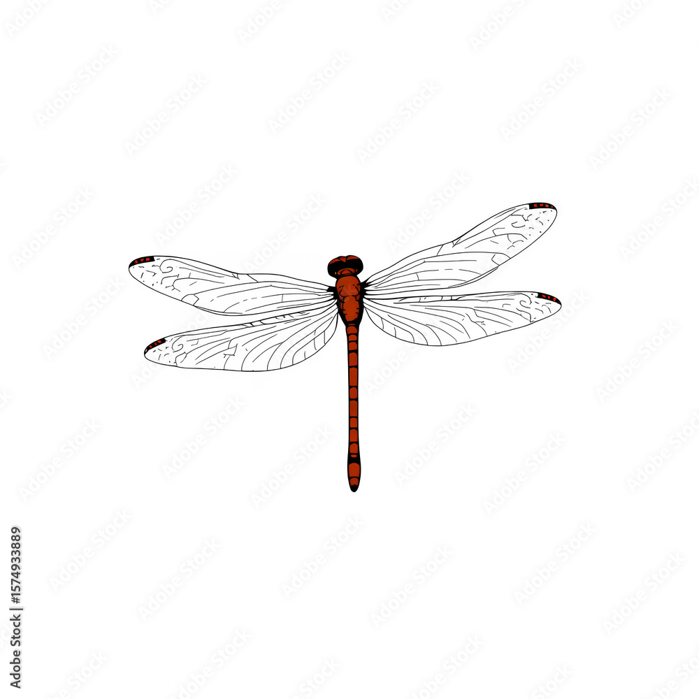 Poster a glowing red dragonfly with intricate wing patterns isolated against space on transparent backgroun