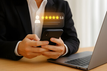 Professional customer feedback smartphone image with glowing five-star rating overlay, clean workspace desk, coat-wearing person, high-quality composition