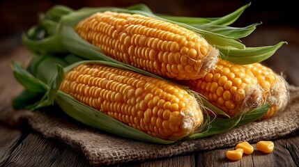 Fresh Corn on the Cob Arranged on Burlap Cloth With Wooden Background