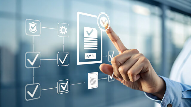 Photo of a persons finger interacts with a digital interface, highlighting a completed task within a flowchart of business processes and approvals