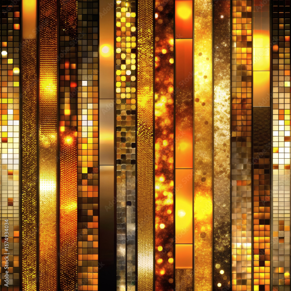 Poster abstract vertical stripes of shimmering gold and orange textures with sparkling light effects and mo