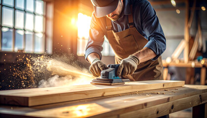 Craftsman's Touch: A skilled artisan meticulously sands a wooden plank in sunlit workshop, showcasing dedication to woodworking