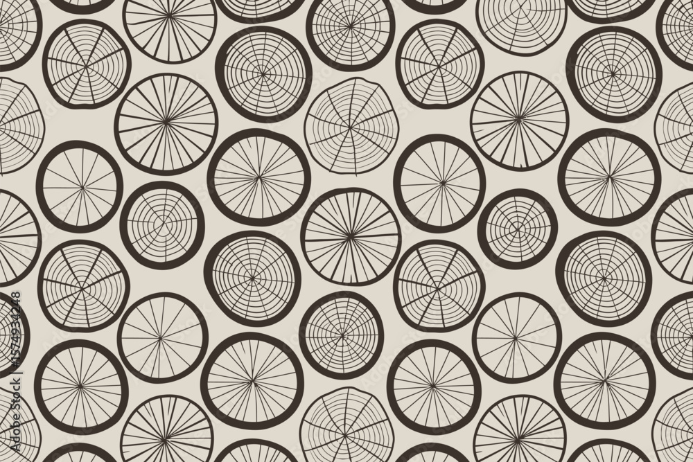 Aufkleber pattern of tree stump cross sections with rings and lines on a light beige background design element