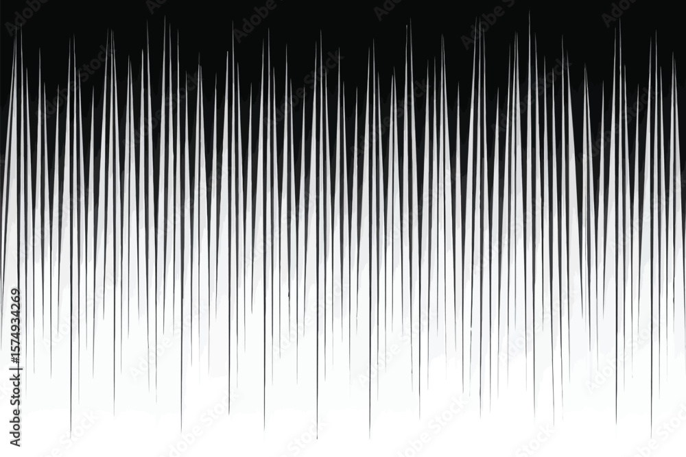 Poster a black and white image featuring a pattern of vertical lines with varying lengths and thicknesses