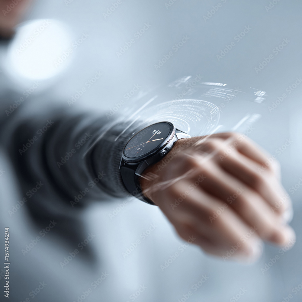 Poster man checking a smartwatch with augmented reality interface. shows technology, future, connection, an