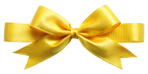 Bright yellow satin ribbon bow with textured grosgrain fabric and stitched edges isolated on a transparent background