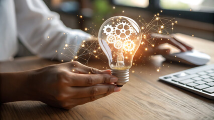 Photo of a person holds a glowing lightbulb filled with intricate gears, symbolizing a brilliant idea and innovative business solution