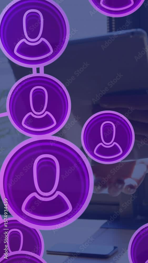 Poster animation of network of connections with icons over caucasian man using tablet