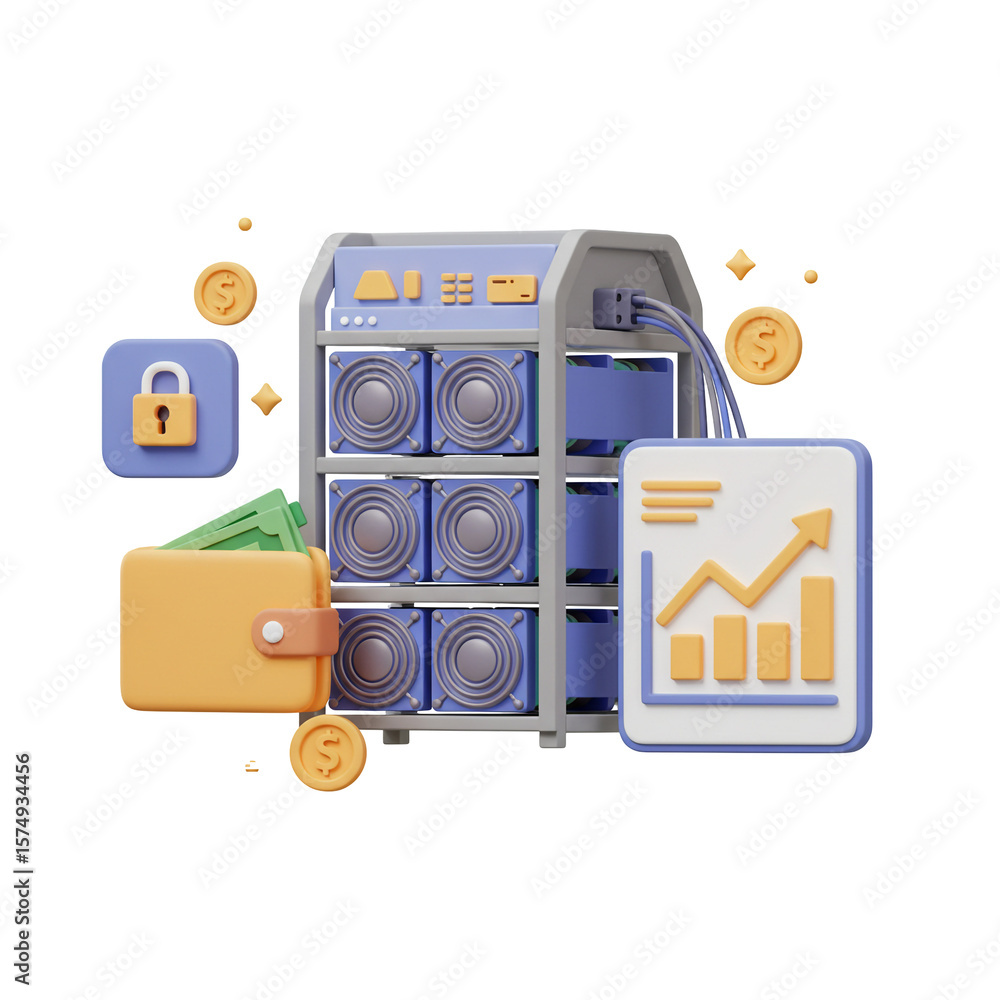 Poster cryptocurrency mining setup with wallet and rising graph illustration