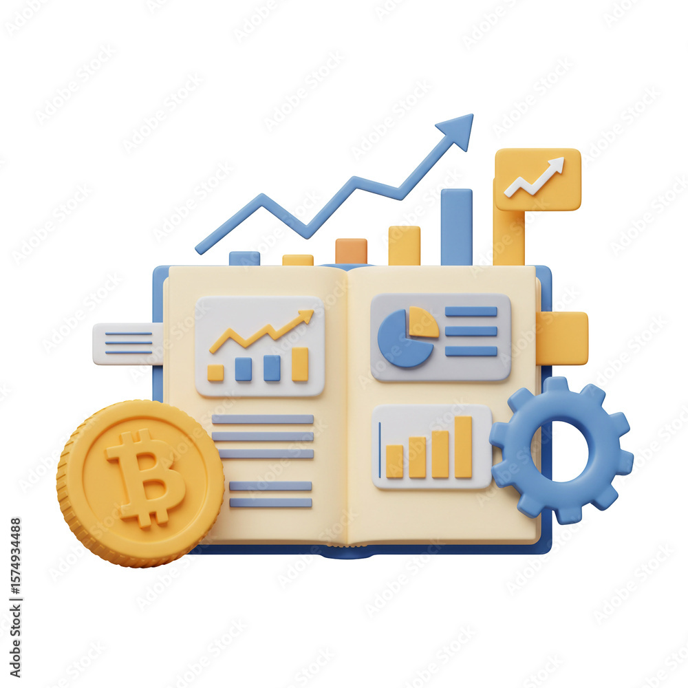 Poster analyzing bitcoin growth potential financial data shown with charts and diagrams
