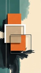 A modern geometric abstract artwork with overlapping orange, white, and beige 3D squares on a teal-to-blue bokeh gradient background, featuring glowing lines, depth, and a minimalist digital-tech aest
