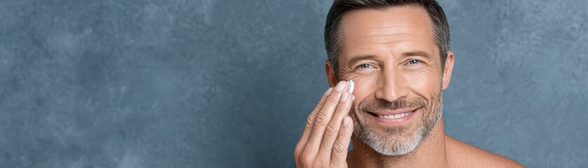 Obraz premium Man Smiling While Applying Summer Skin Care Product on Face in Natural Setting After Grooming Routine