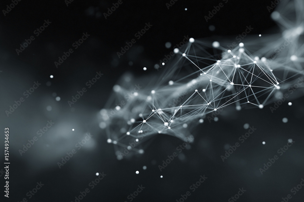 Poster abstract network of interconnected nodes over dark backdrop. represents data, science, technology, o