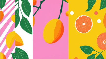Colorful vector background, tropical fruit, trees, leaves and pattern. Banner, flyer flat modern illustration background.