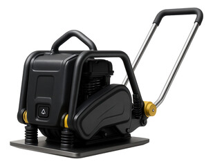 Vibratory plate compactor with a low-profile design and extended handle for use under low-clearance structures.