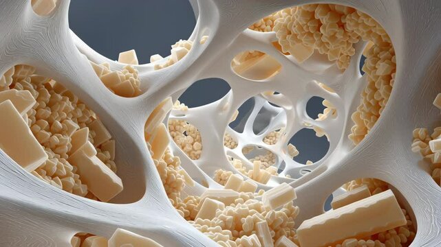 Bone structure with porous texture and detailed natural framework close up showing strength and mineral crystals for health and medical science