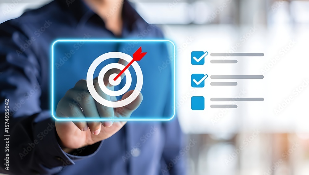 Poster person s finger touching a digital screen displaying a bullseye target with a red arrow hitting the 