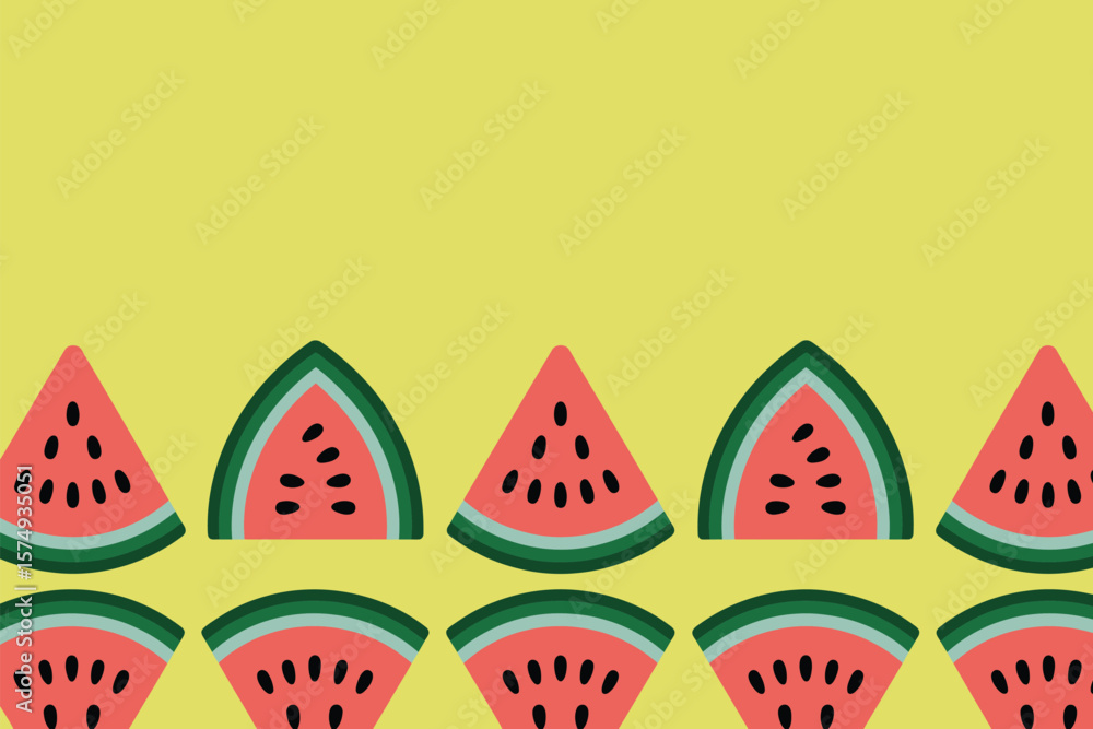 Poster a pattern of watermelon slices with black seeds on a yellow background in a repeating horizontal row