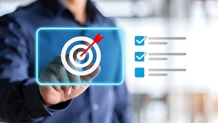 Person s finger touching a digital screen displaying a bullseye target with a red arrow hitting the center and a checklist with completed tasks