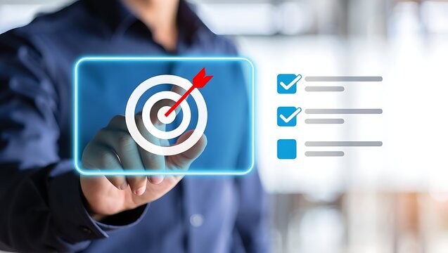 Person s finger touching a digital screen displaying a bullseye target with a red arrow hitting the center and a checklist with completed tasks