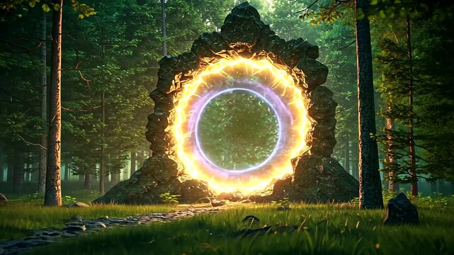 Glowing portal in forest, leading to another dimension