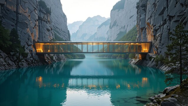 Modern glass walkway bridge spanning a turquoise lake between sheer rocky cliffs